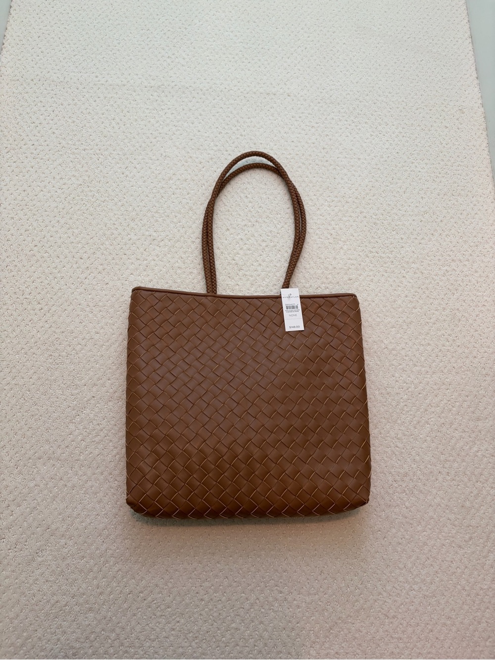 NWT ANN TAYLOR Weekend Woven Tote Autumn Ochre Brown $148 Faux Leather NEW - Picture 7 of 9